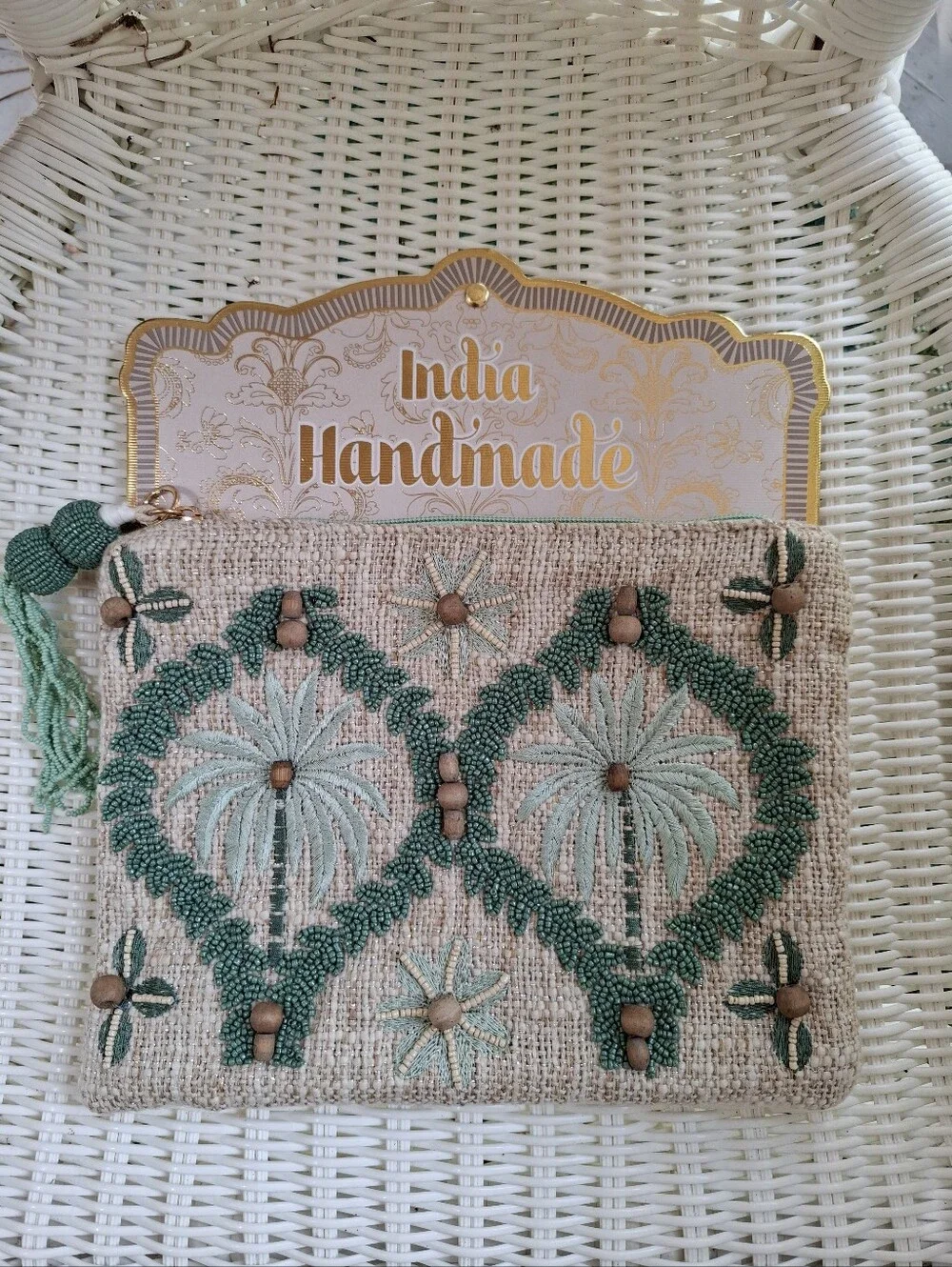 Handcrafted Beaded Green Palm Tree Coastal Medium Size Pouch NWT